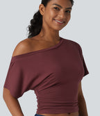 One-shoulder Short Sleeve Ruched Built-in Bra Casual T-Shirt — New Maroon — view 5