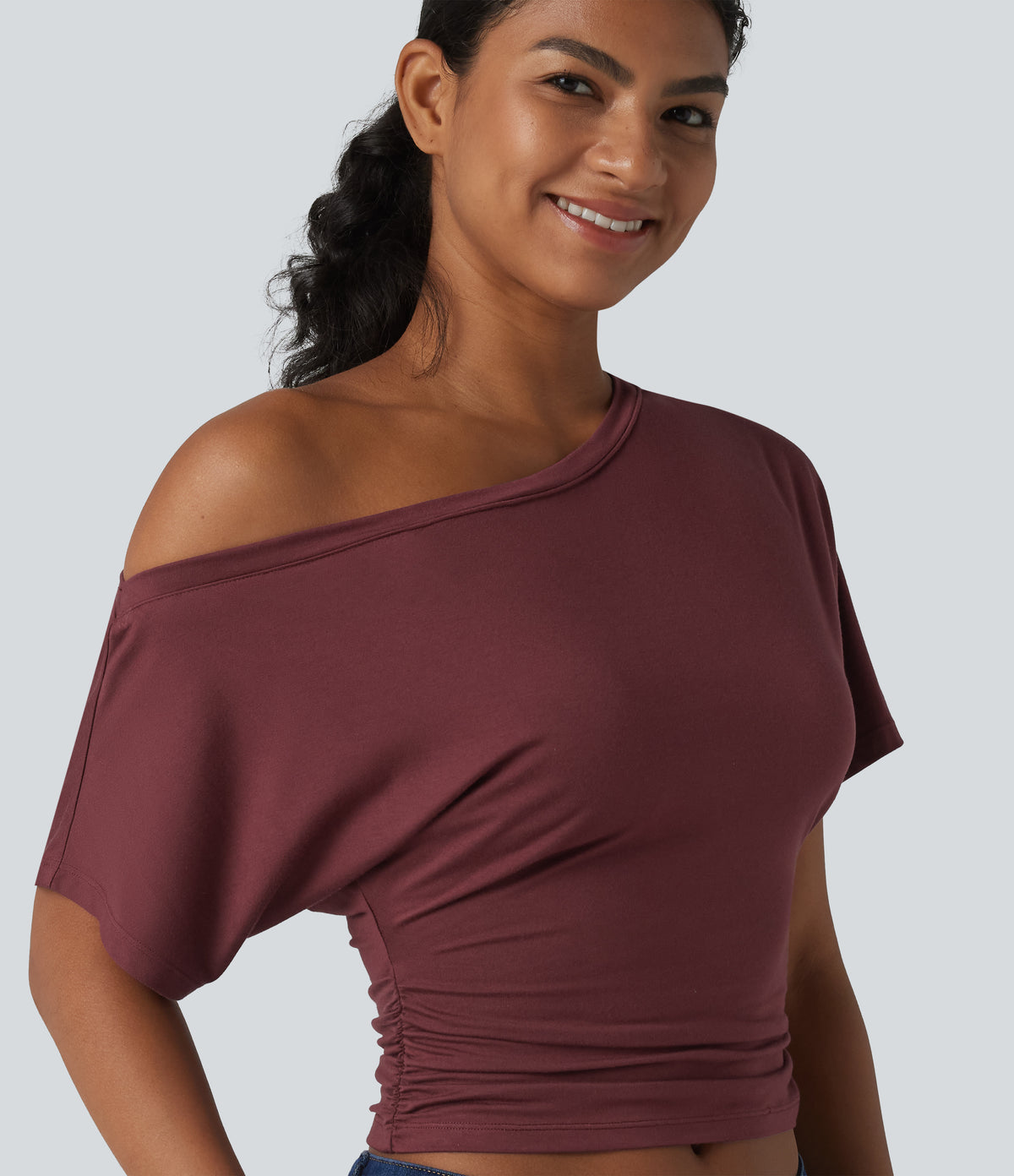 One-shoulder Short Sleeve Ruched Built-in Bra Casual T-Shirt — New Maroon — view 5