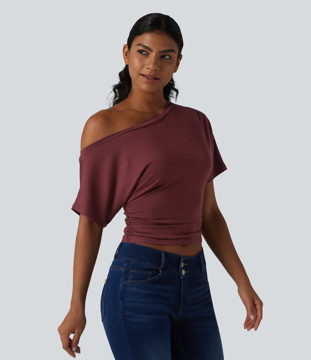 One-shoulder Short Sleeve Ruched Built-in Bra Casual T-Shirt — New Maroon — view 4