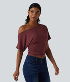 One-shoulder Short Sleeve Ruched Built-in Bra Casual T-Shirt — New Maroon — view 4