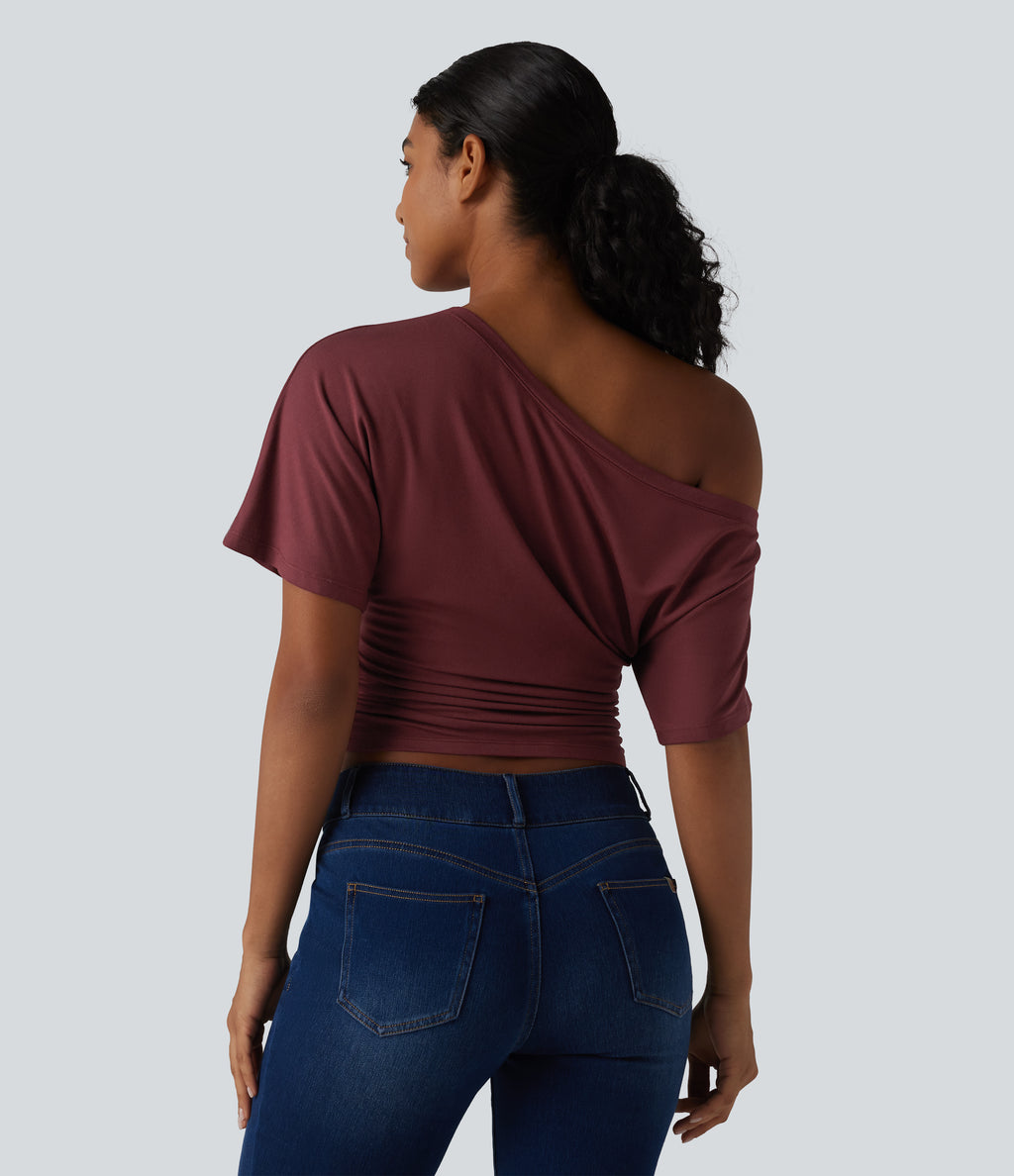 One-shoulder Short Sleeve Ruched Built-in Bra Casual T-Shirt — New Maroon — view 2