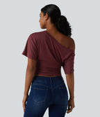 One-shoulder Short Sleeve Ruched Built-in Bra Casual T-Shirt — New Maroon — view 2