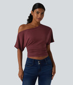 One-shoulder Short Sleeve Ruched Built-in Bra Casual T-Shirt — New Maroon — view 3