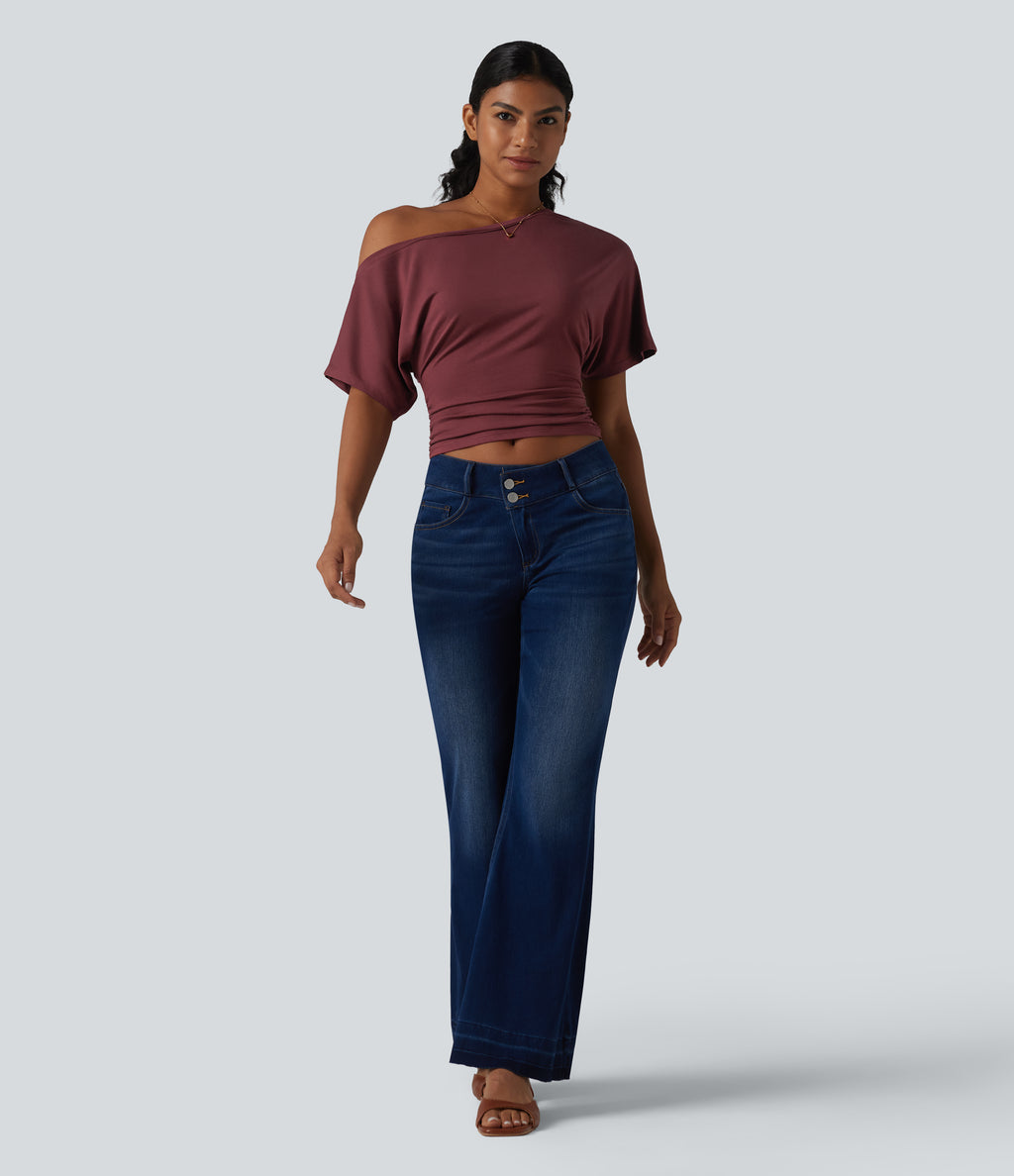 One-shoulder Short Sleeve Ruched Built-in Bra Casual T-Shirt — New Maroon — view 6