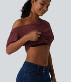 One-shoulder Short Sleeve Ruched Built-in Bra Casual T-Shirt — New Maroon — view 1