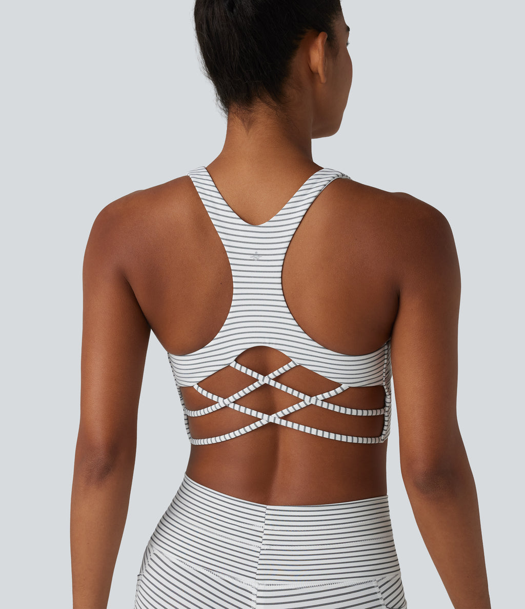 Light Support Racerback Crisscross Stripes Built-in Bra Yoga Sports Bra — Zebra Ripple — view 1