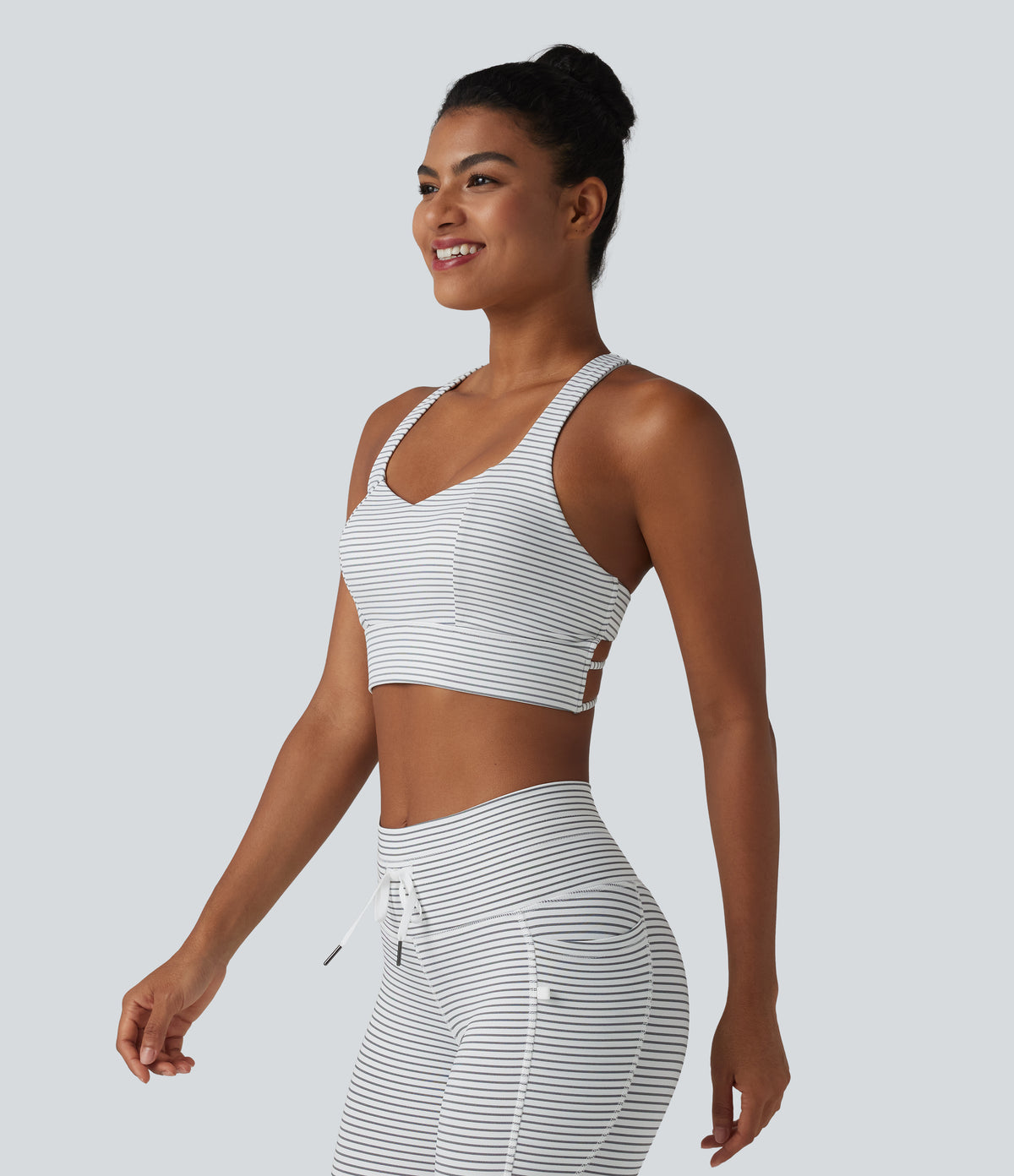Light Support Racerback Crisscross Stripes Built-in Bra Yoga Sports Bra — Zebra Ripple — view 3