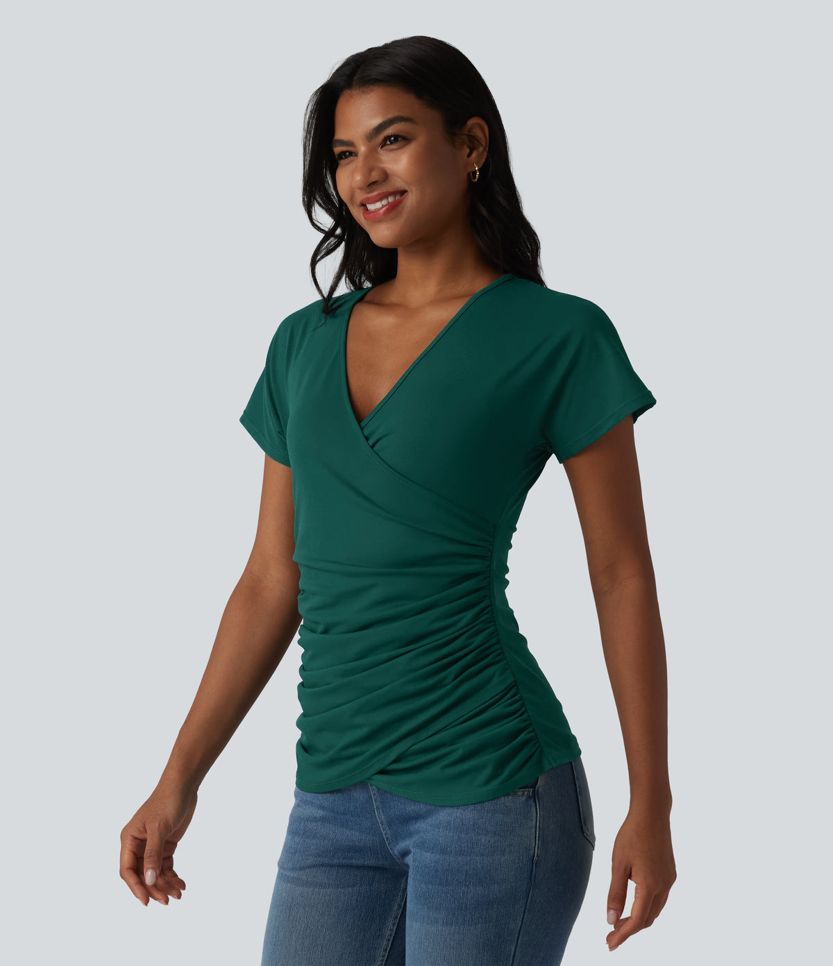 V Neck Short Sleeve Ruched Casual Top — Rain Forest — view 4