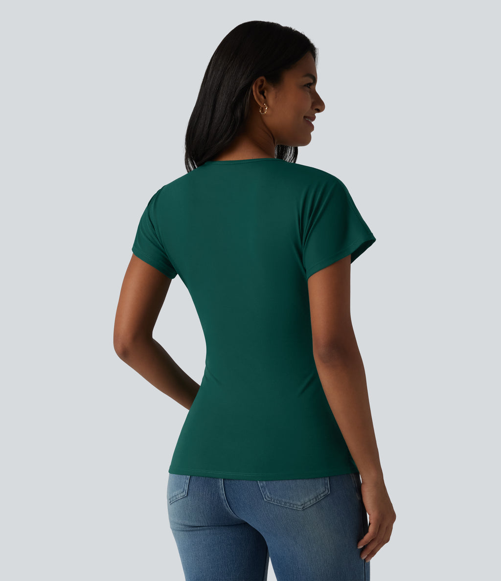 V Neck Short Sleeve Ruched Casual Top — Rain Forest — view 2