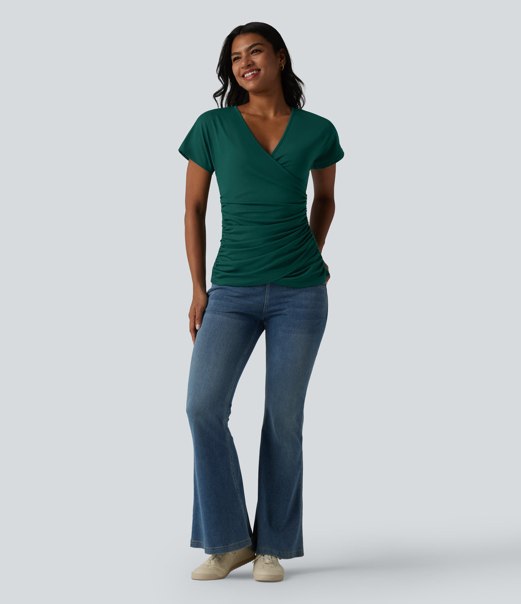 V Neck Short Sleeve Ruched Casual Top — Rain Forest — view 5
