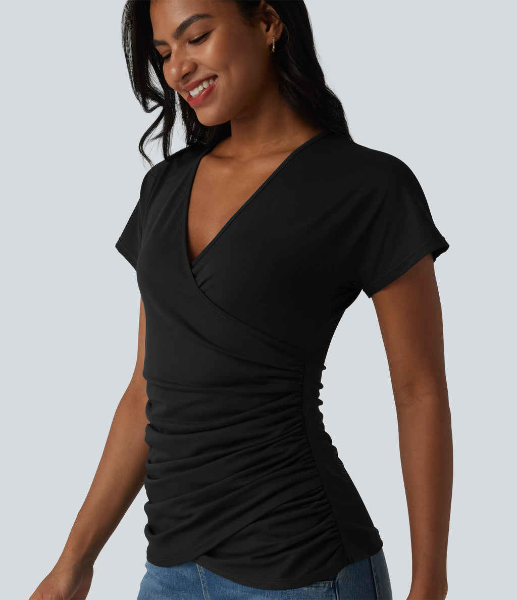 V Neck Short Sleeve Ruched Casual Top — Black — view 6