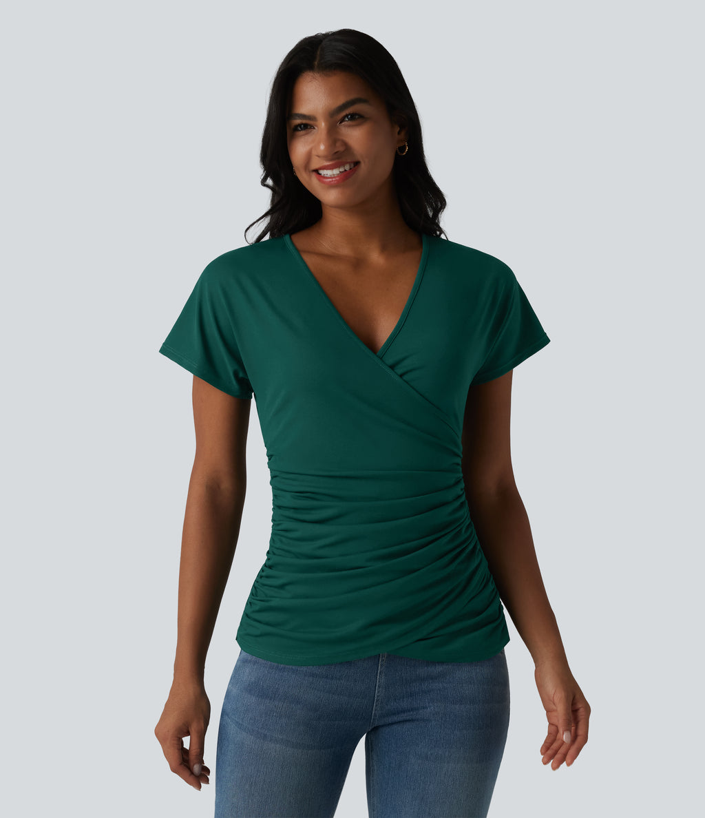 V Neck Short Sleeve Ruched Casual Top — Rain Forest — view 3