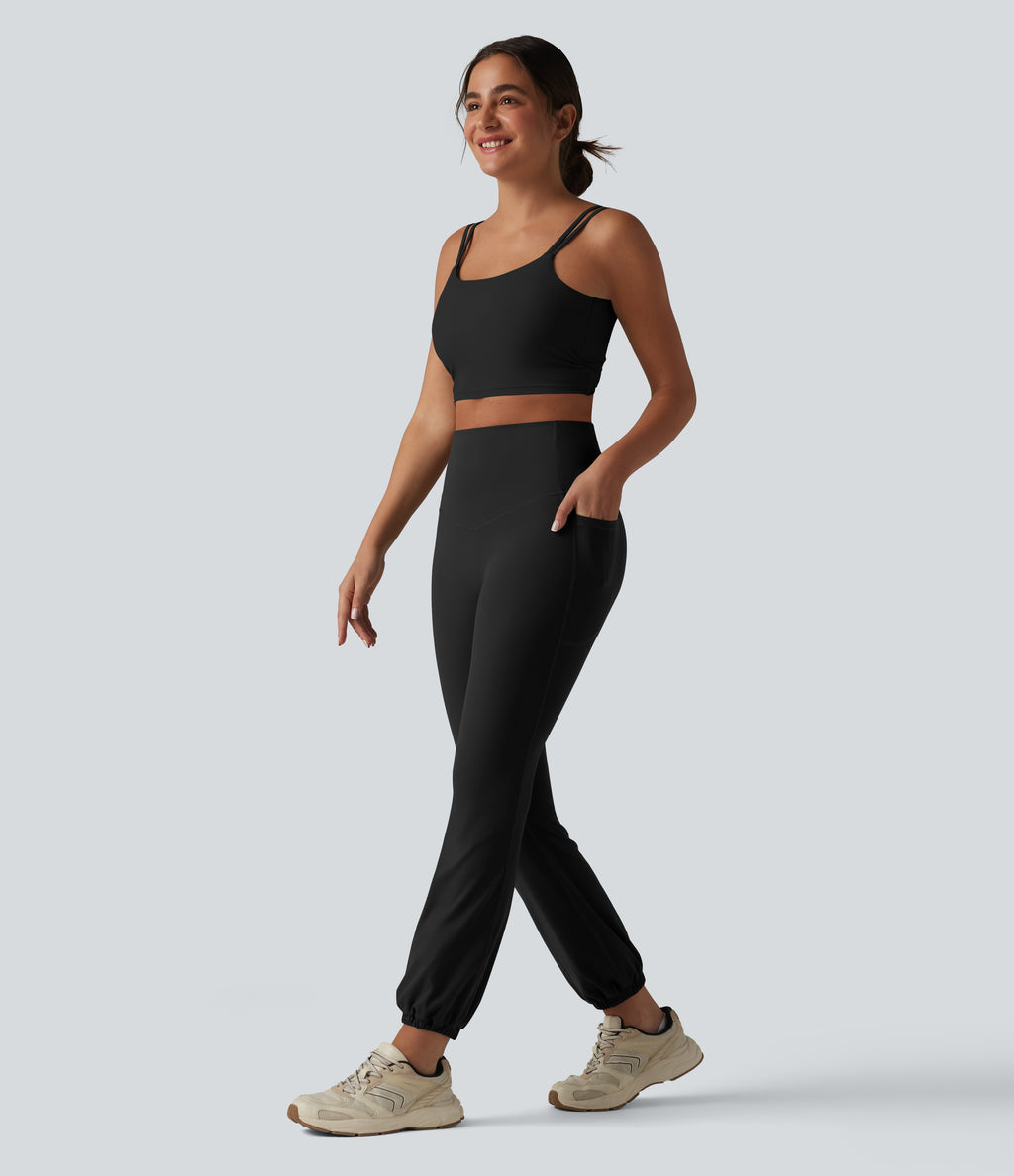 High Waisted Tummy Control Yoga Balloon Joggers with Pockets — Black — view 7
