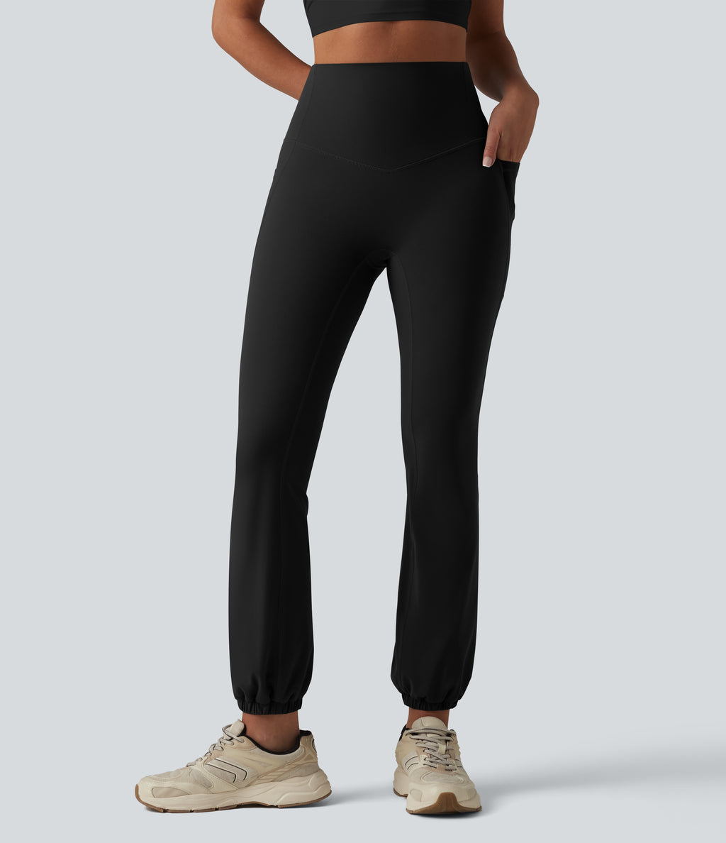 High Waisted Tummy Control Yoga Balloon Joggers with Pockets — Black — view 2