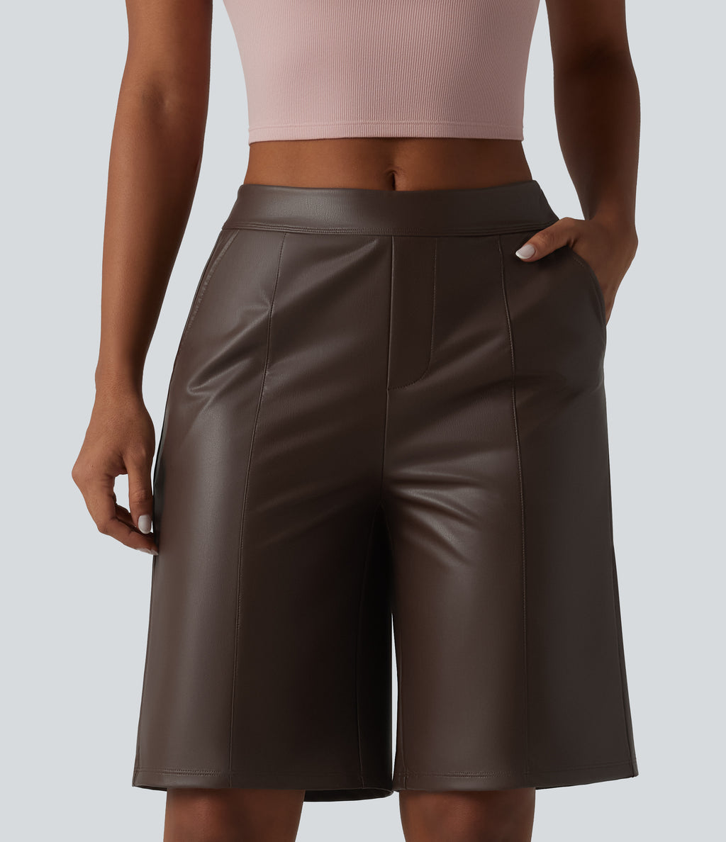 Mid Rise Stretchy PU Casual Bermuda Shorts 10'' with Pockets — Cold Brew Brown — view 3