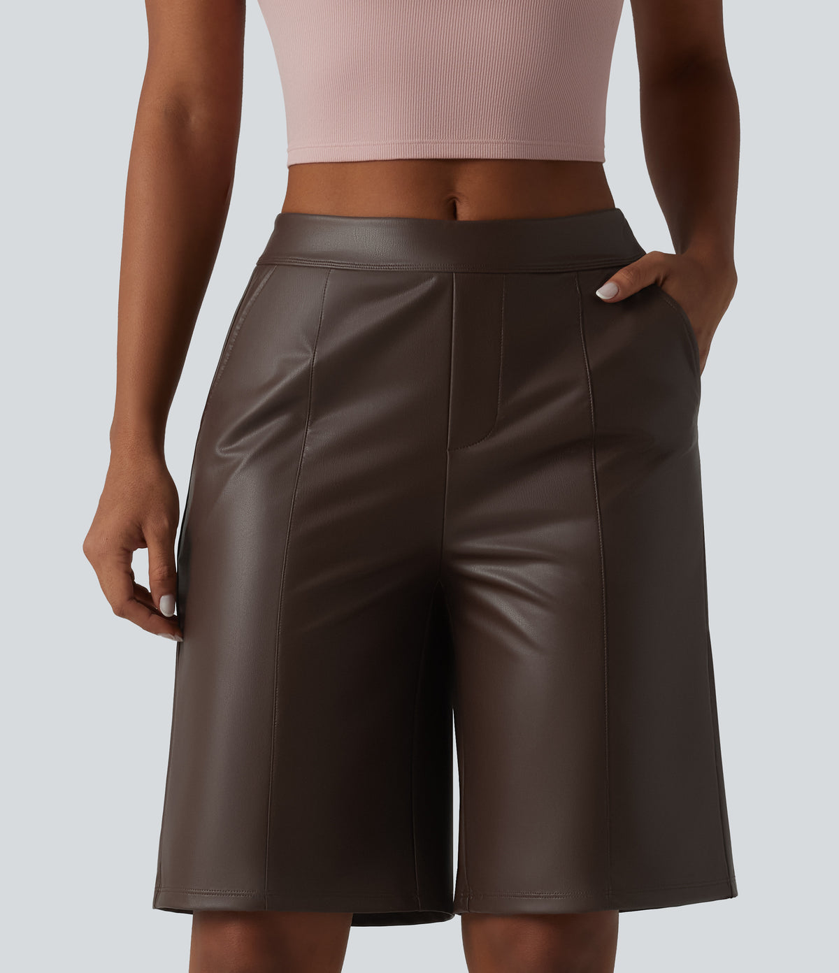 Mid Rise Stretchy PU Casual Bermuda Shorts 10'' with Pockets — Cold Brew Brown — view 3