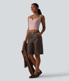 Mid Rise Stretchy PU Casual Bermuda Shorts 10'' with Pockets — Cold Brew Brown — view 5