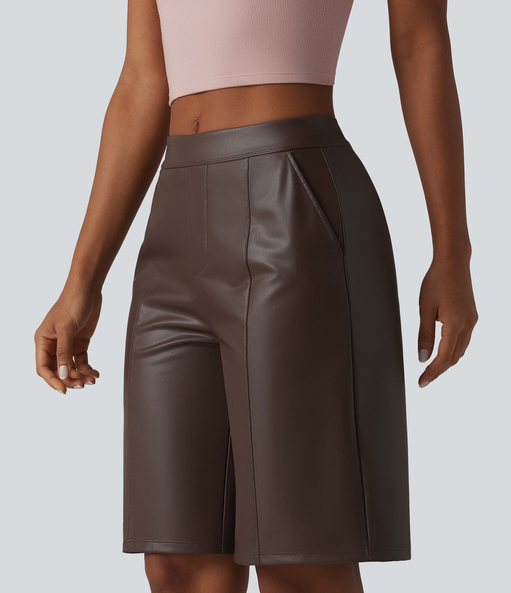 Mid Rise Stretchy PU Casual Bermuda Shorts 10'' with Pockets — Cold Brew Brown — view 4
