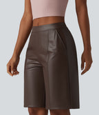 Mid Rise Stretchy PU Casual Bermuda Shorts 10'' with Pockets — Cold Brew Brown — view 4