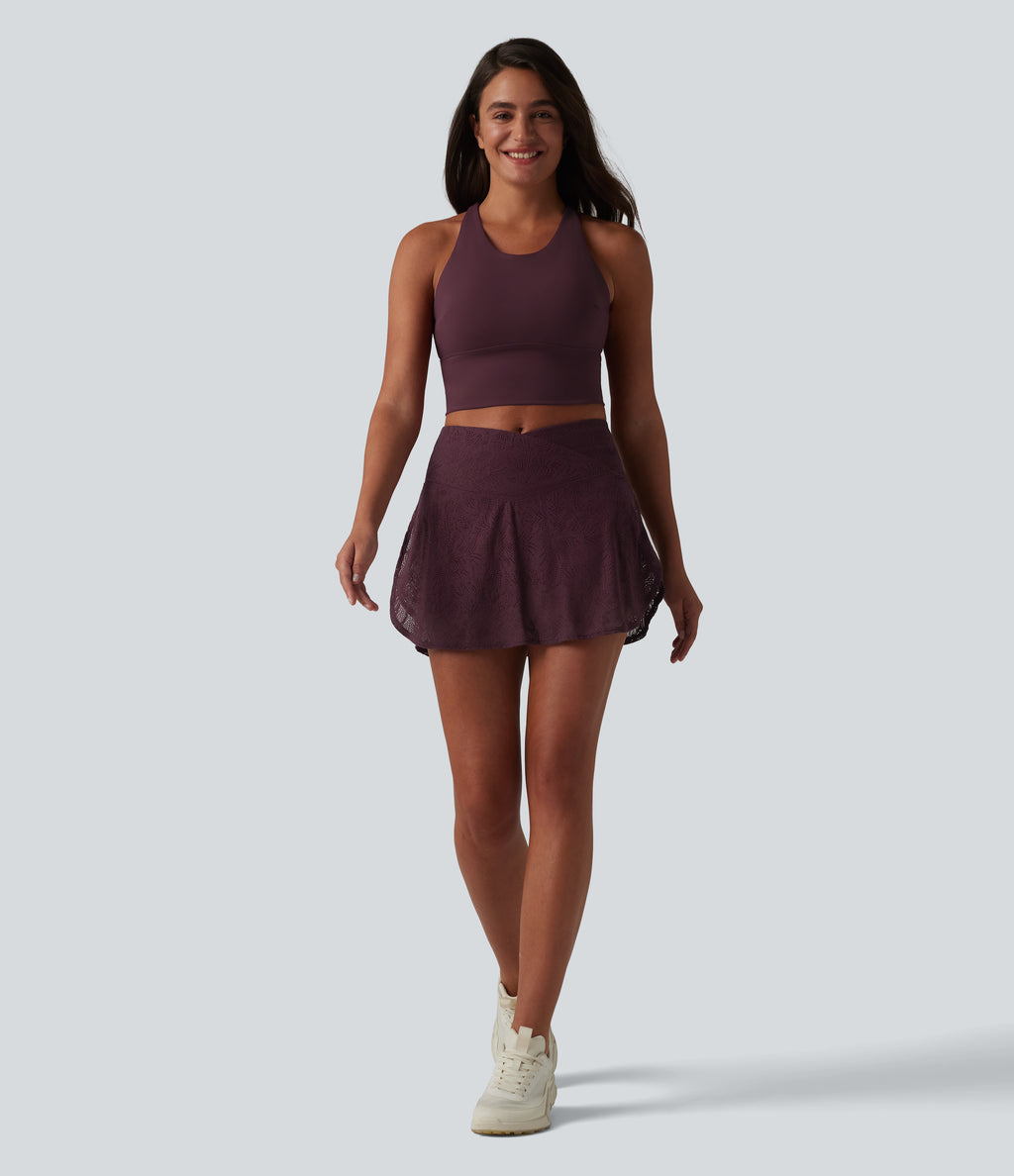 Crossover High Waisted 2-in-1 Lace Mini Dance Skirt with Pockets — Fig — view 7