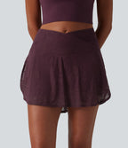Crossover High Waisted 2-in-1 Lace Mini Dance Skirt with Pockets — Fig — view 3