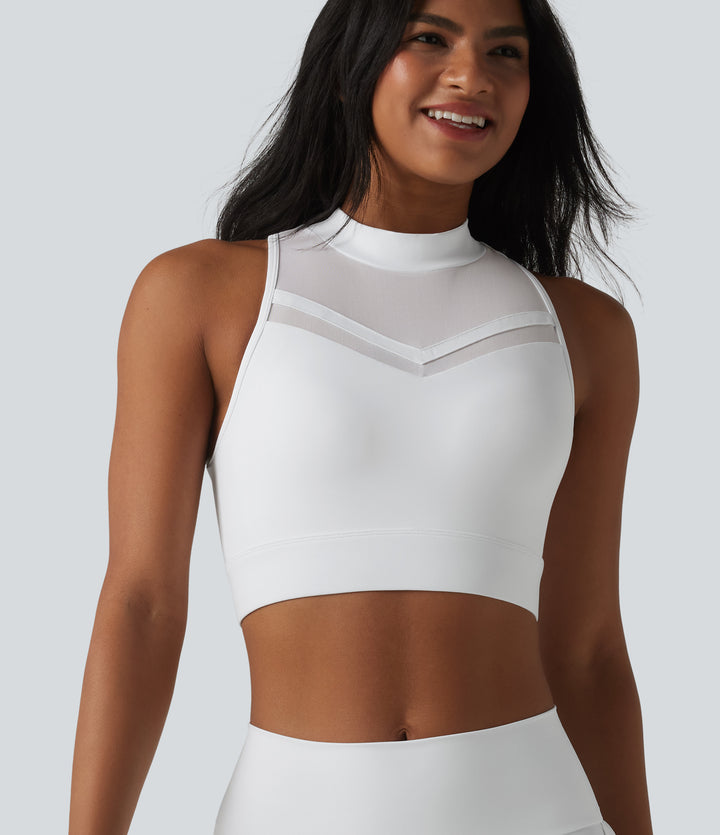 Airy Light Support Racerback Mock-neck Contrast Mesh Non-Removable Pad InstantCool Yoga Sports Bra — White — view 1