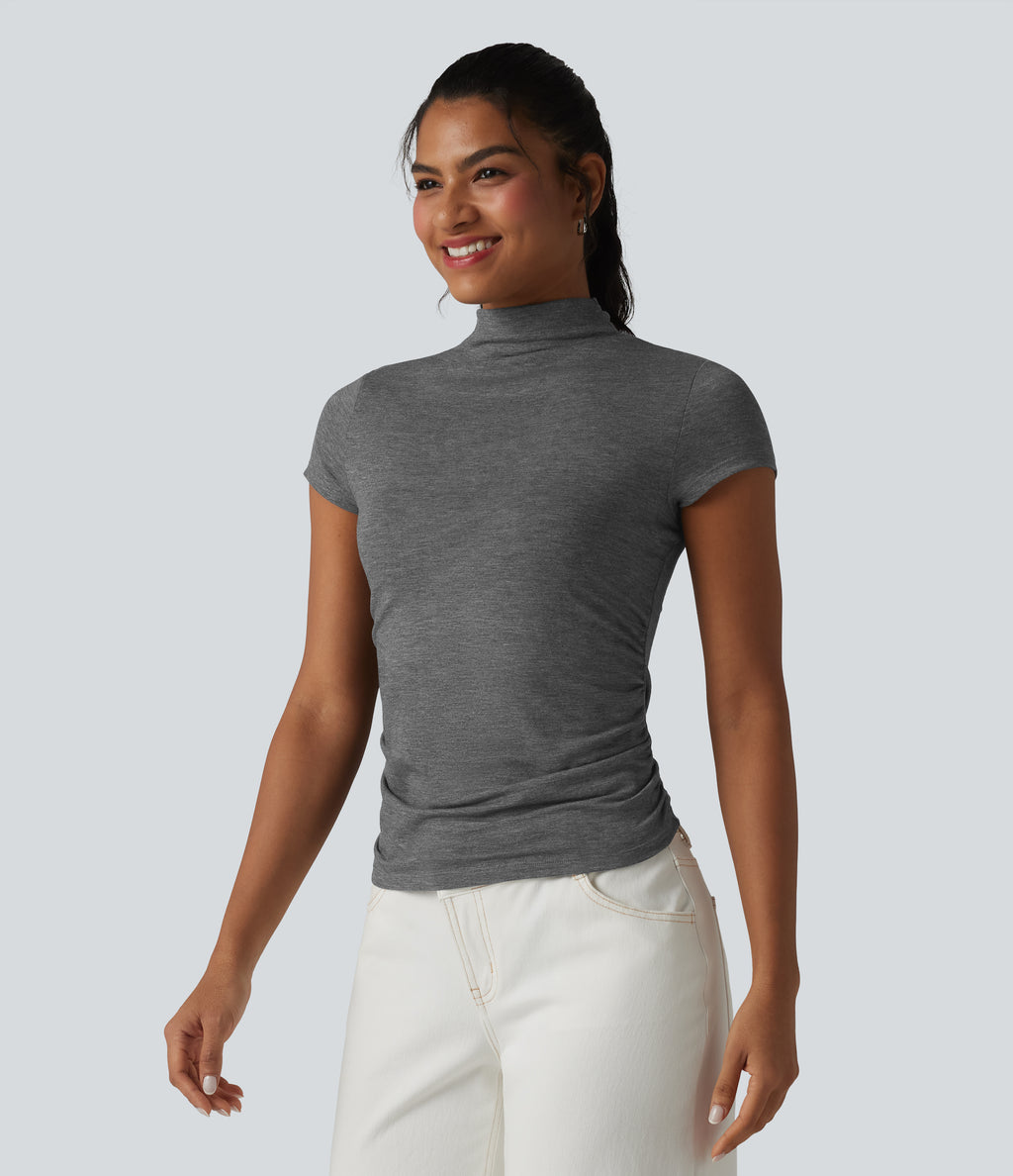 Mock-neck Short Sleeve Ruched Casual T-Shirt — Darl Gray Floral Yarn — view 3