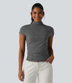 Mock-neck Short Sleeve Ruched Casual T-Shirt — Darl Gray Floral Yarn — view 1
