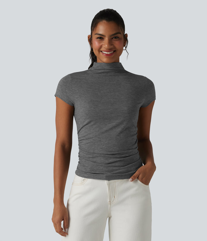 Mock-neck Short Sleeve Ruched Casual T-Shirt — Darl Gray Floral Yarn — view 1
