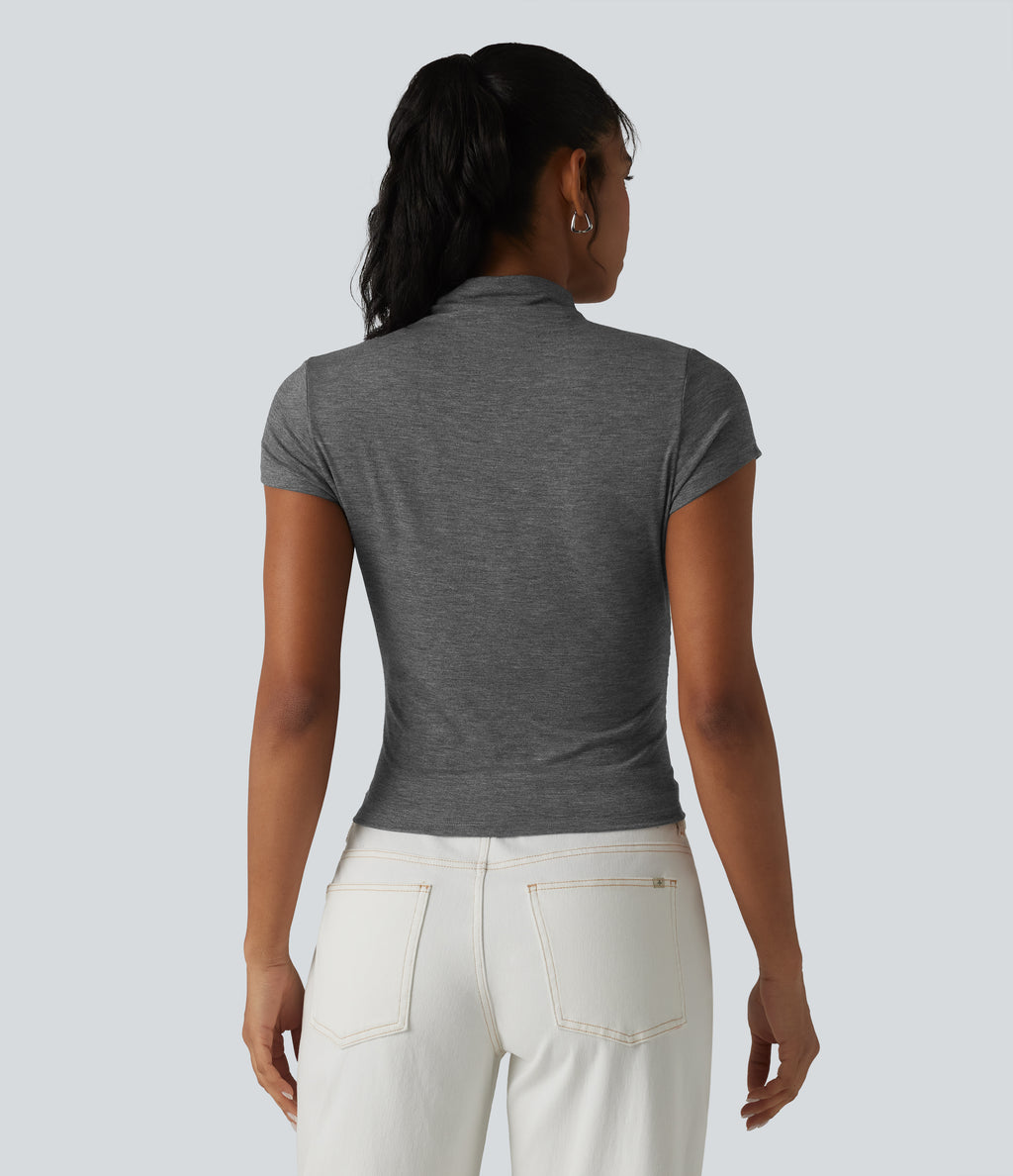 Mock-neck Short Sleeve Ruched Casual T-Shirt — Darl Gray Floral Yarn — view 2