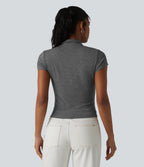 Mock-neck Short Sleeve Ruched Casual T-Shirt — Darl Gray Floral Yarn — view 2