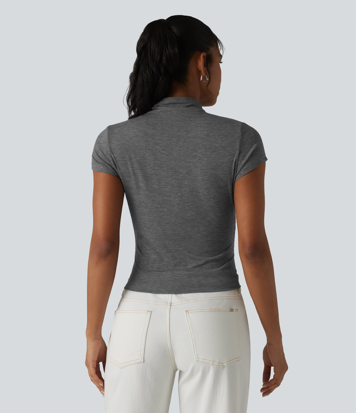 Mock-neck Short Sleeve Ruched Casual T-Shirt — Darl Gray Floral Yarn — view 2