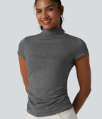 Mock-neck Short Sleeve Ruched Casual T-Shirt — Darl Gray Floral Yarn — view 4