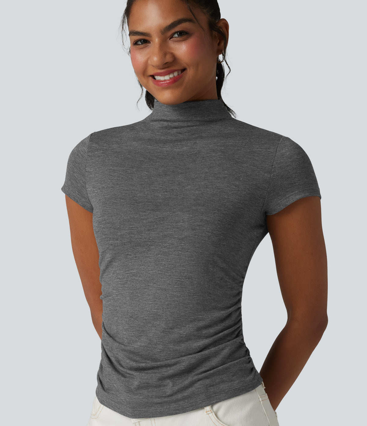 Mock-neck Short Sleeve Ruched Casual T-Shirt — Darl Gray Floral Yarn — view 4