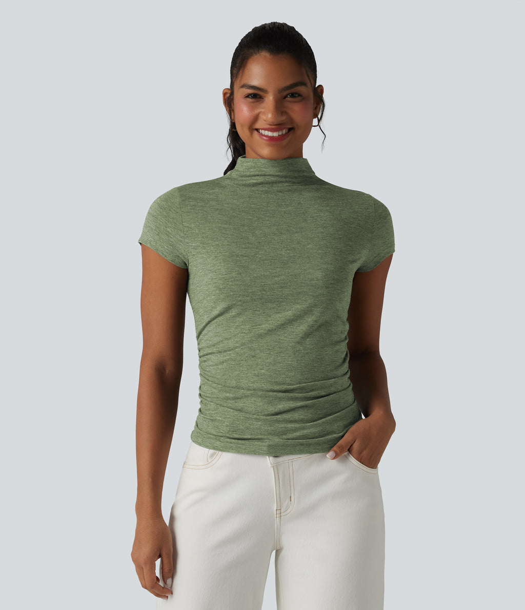 Mock-neck Short Sleeve Ruched Casual T-Shirt — Light Green Floral Yarn — view 6