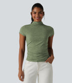 Mock-neck Short Sleeve Ruched Casual T-Shirt — Light Green Floral Yarn — view 6