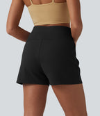 High Waisted Pleated Work Shorts with Pockets — Black — view 2