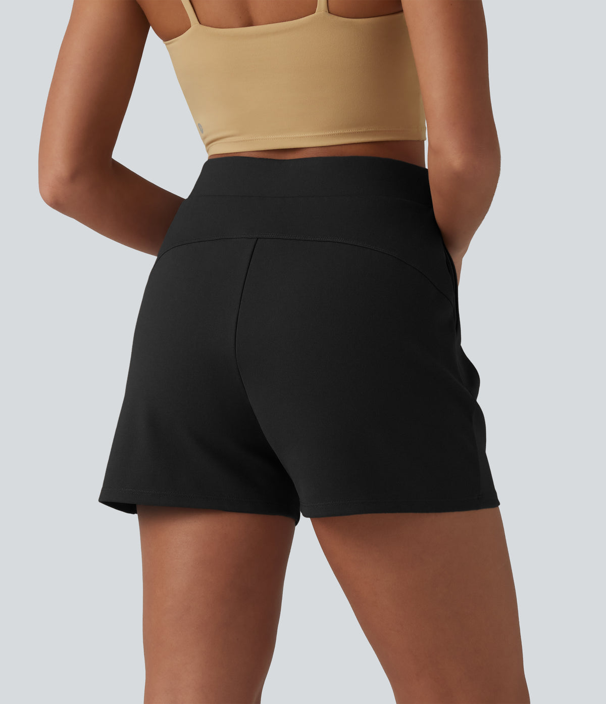 High Waisted Pleated Work Shorts with Pockets — Black — view 2