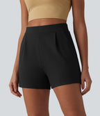 High Waisted Pleated Work Shorts with Pockets — Black — view 3