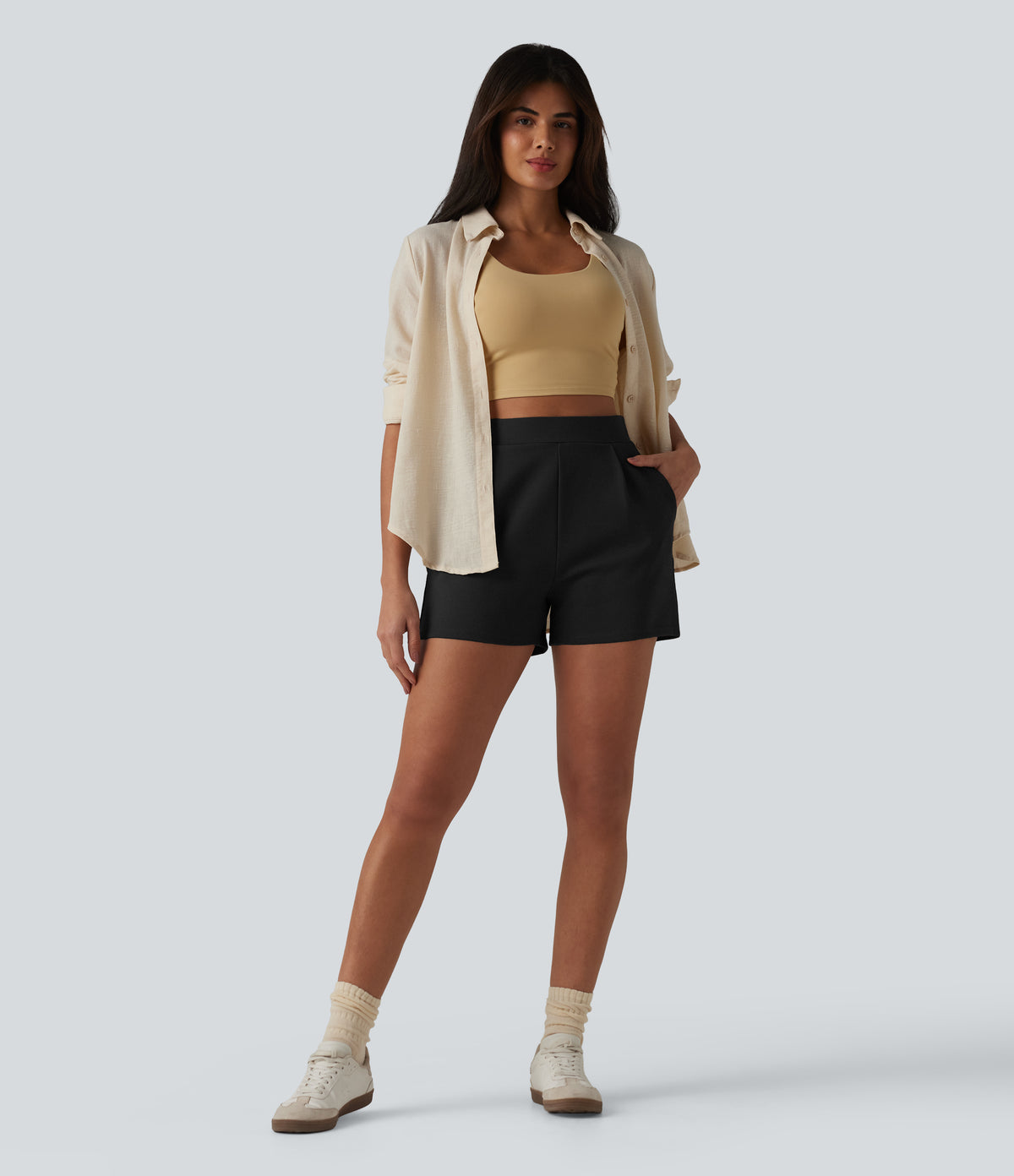 High Waisted Pleated Work Shorts with Pockets — Black — view 6