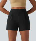 High Waisted Pleated Work Shorts with Pockets — Black — view 4