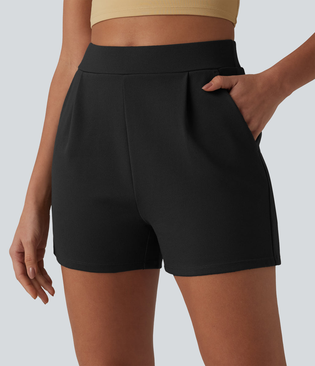 High Waisted Pleated Work Shorts with Pockets — Black — view 1