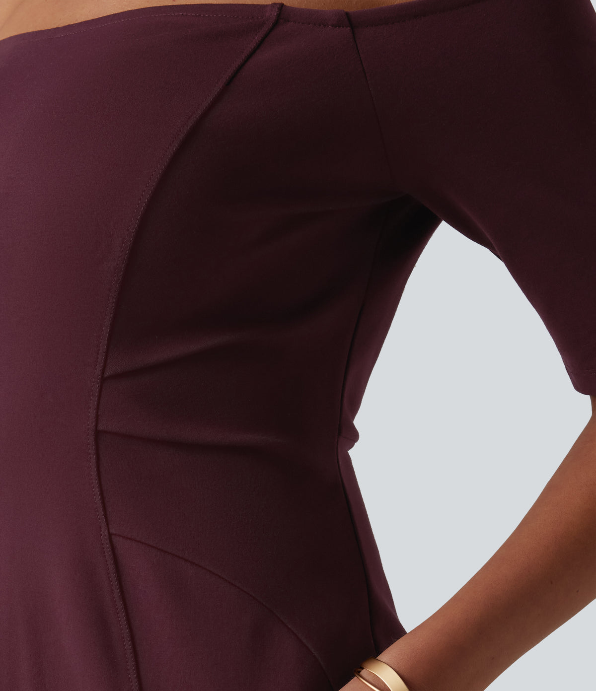Off Shoulder Short Sleeve Bodycon Midi Dress — Deep Crimson — view 6
