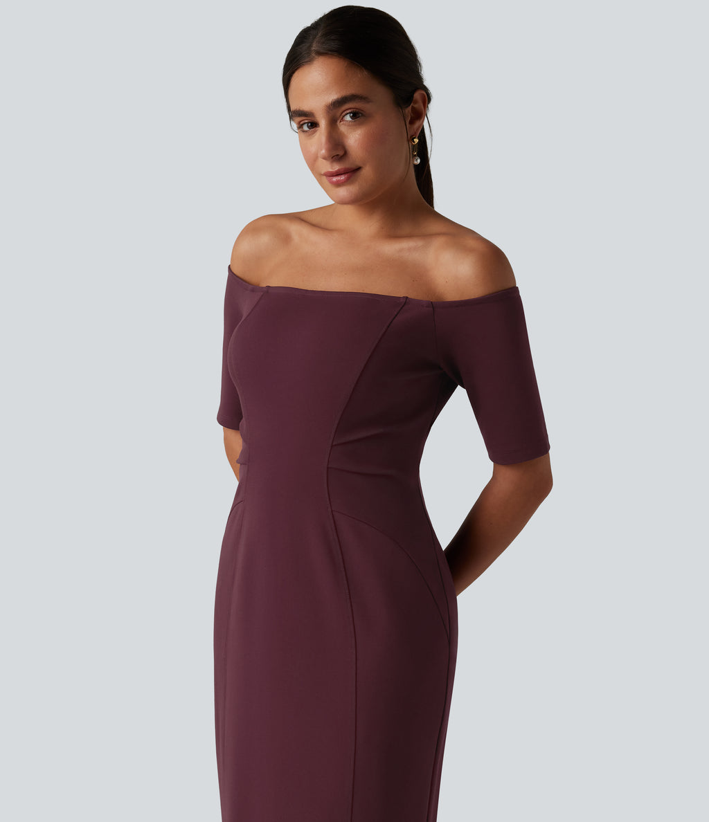 Off Shoulder Short Sleeve Bodycon Midi Dress — Deep Crimson — view 4