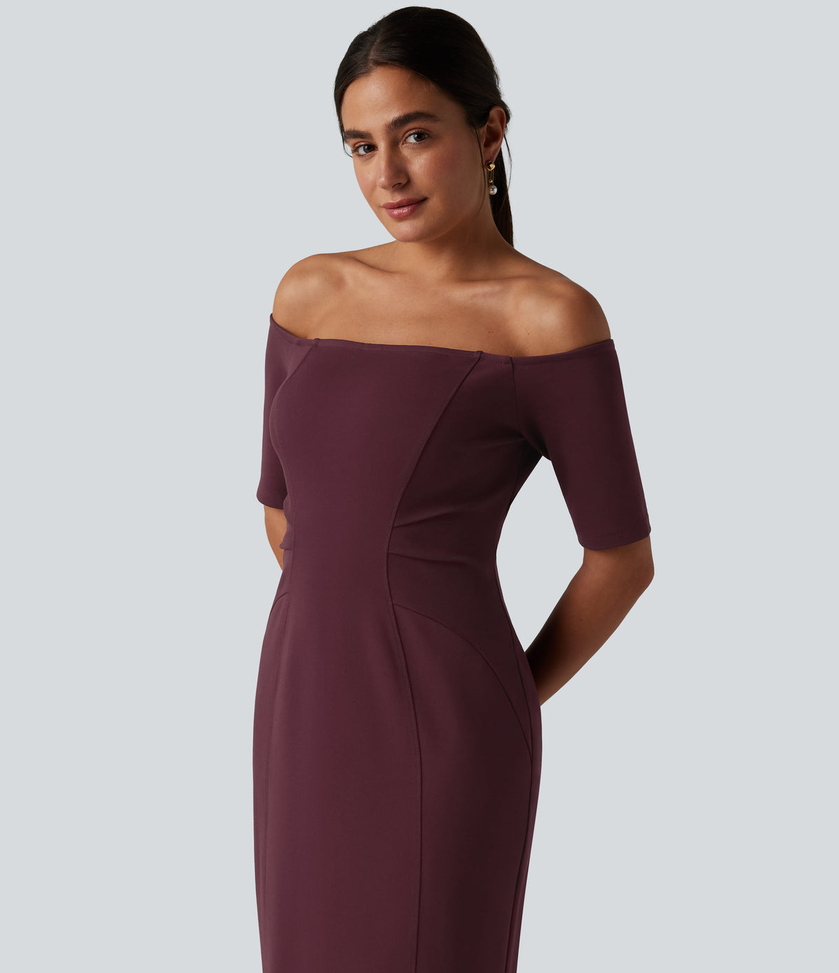 Off Shoulder Short Sleeve Bodycon Midi Dress — Deep Crimson — view 4