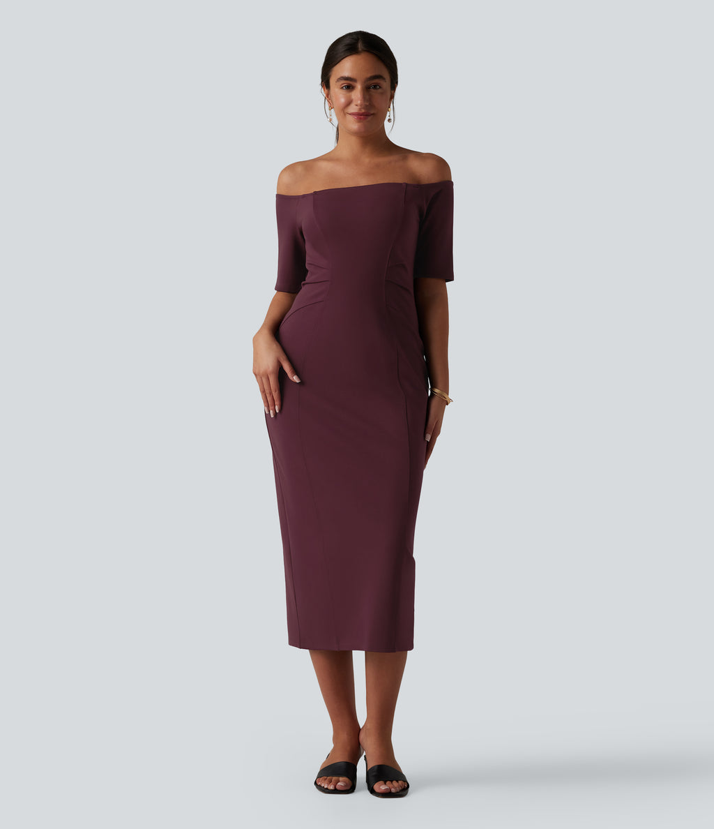 Off Shoulder Short Sleeve Bodycon Midi Dress — Deep Crimson — view 2