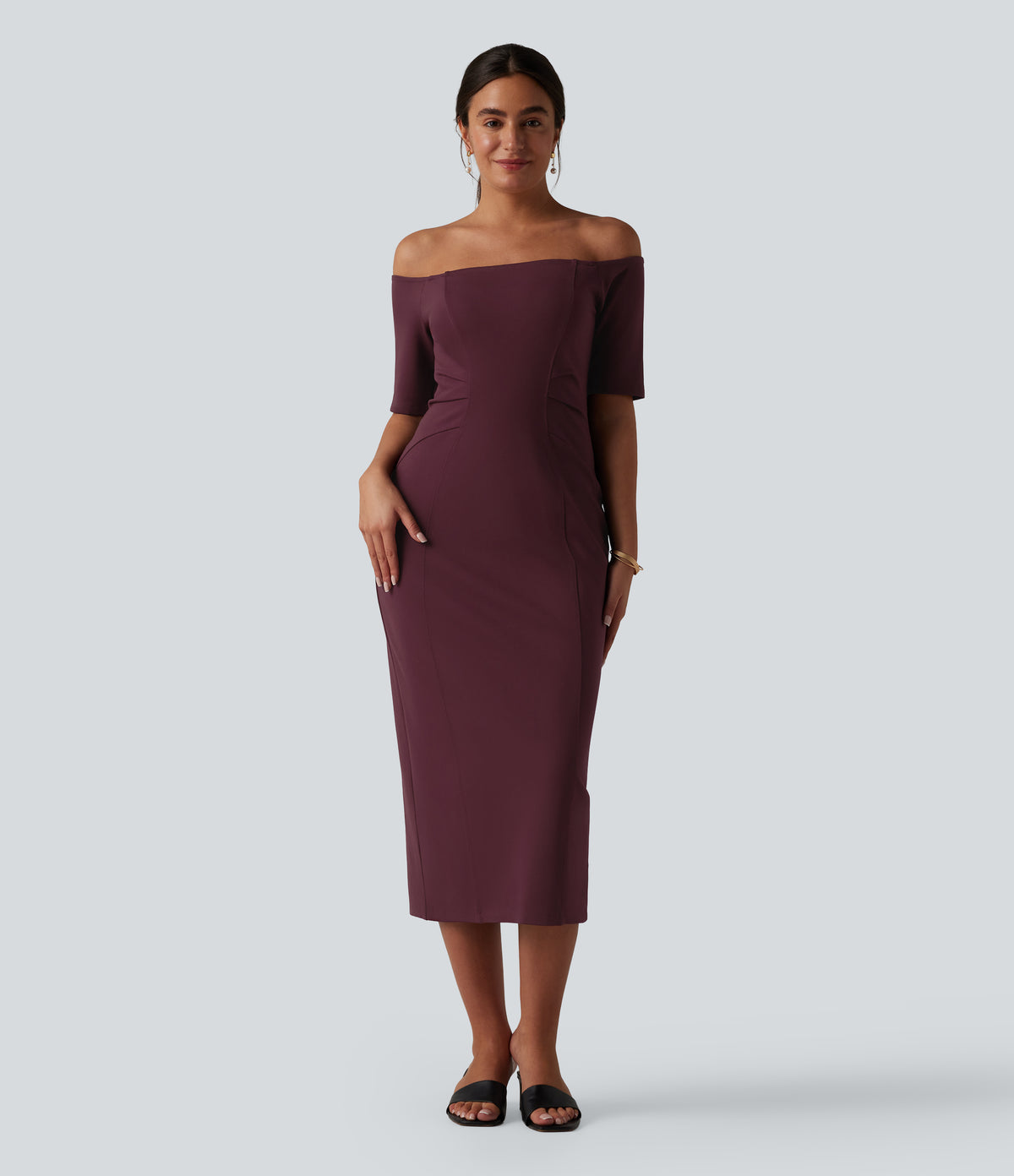 Off Shoulder Short Sleeve Bodycon Midi Dress — Deep Crimson — view 2