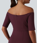 Off Shoulder Short Sleeve Bodycon Midi Dress — Deep Crimson — view 5