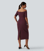 Off Shoulder Short Sleeve Bodycon Midi Dress — Deep Crimson — view 1