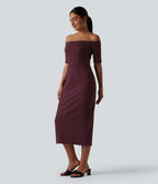 Off Shoulder Short Sleeve Bodycon Midi Dress — Deep Crimson — view 3